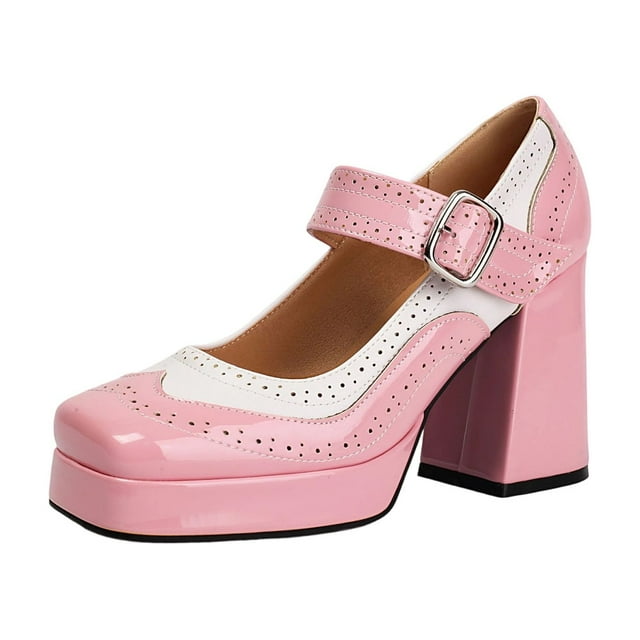 WLOELOEW Women'S Breathable High Heel Shoes In Pink Pu Material Size 7.5 Us Foot Length 9.84 Inches Color Block Thick Sole Design
