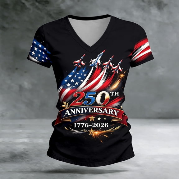 HCYSFG Womens Summer V Neck Short Sleeve Tops Independence Day July 4th Airplane Tees 250th Anniversary T-Shirts