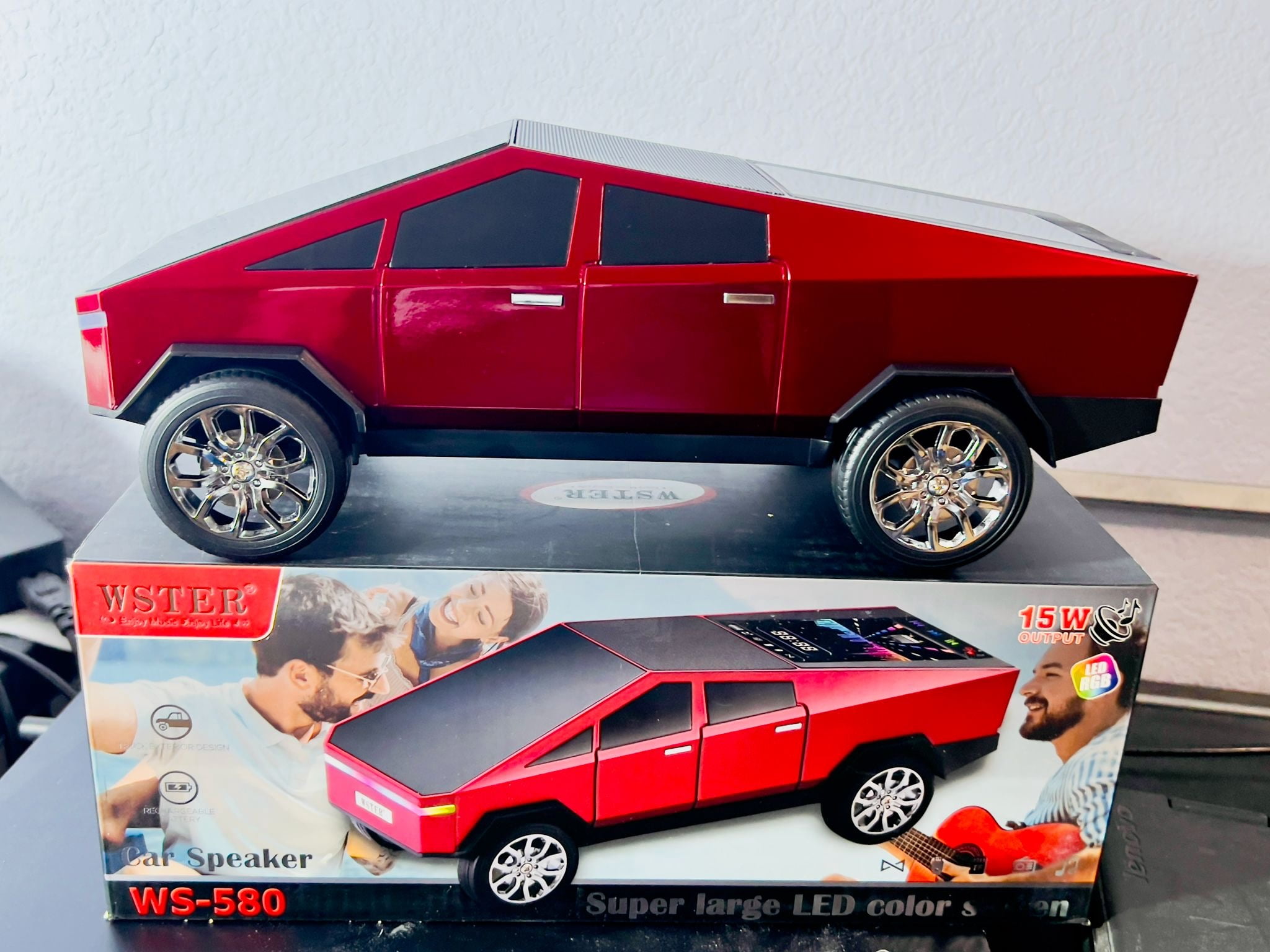 Cyber Truck Red Wireless Portable Speaker with Display Connects with All Phones and Audio Devices, FM Radio and USB Support