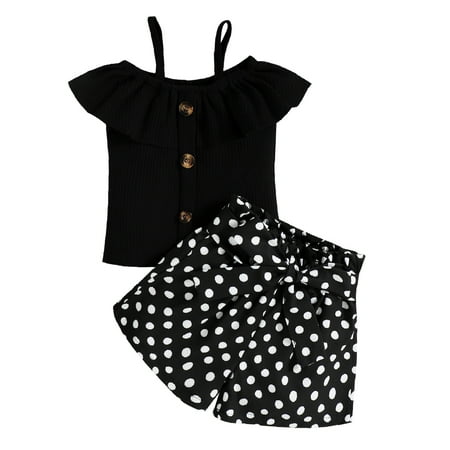 

nsendm Teen Outfits for Girls Summer Toddler Girls Sleeveless Ruffles Ribbed Tops And Dot Little Girl Clothes Size 8 Black 3-4 Years
