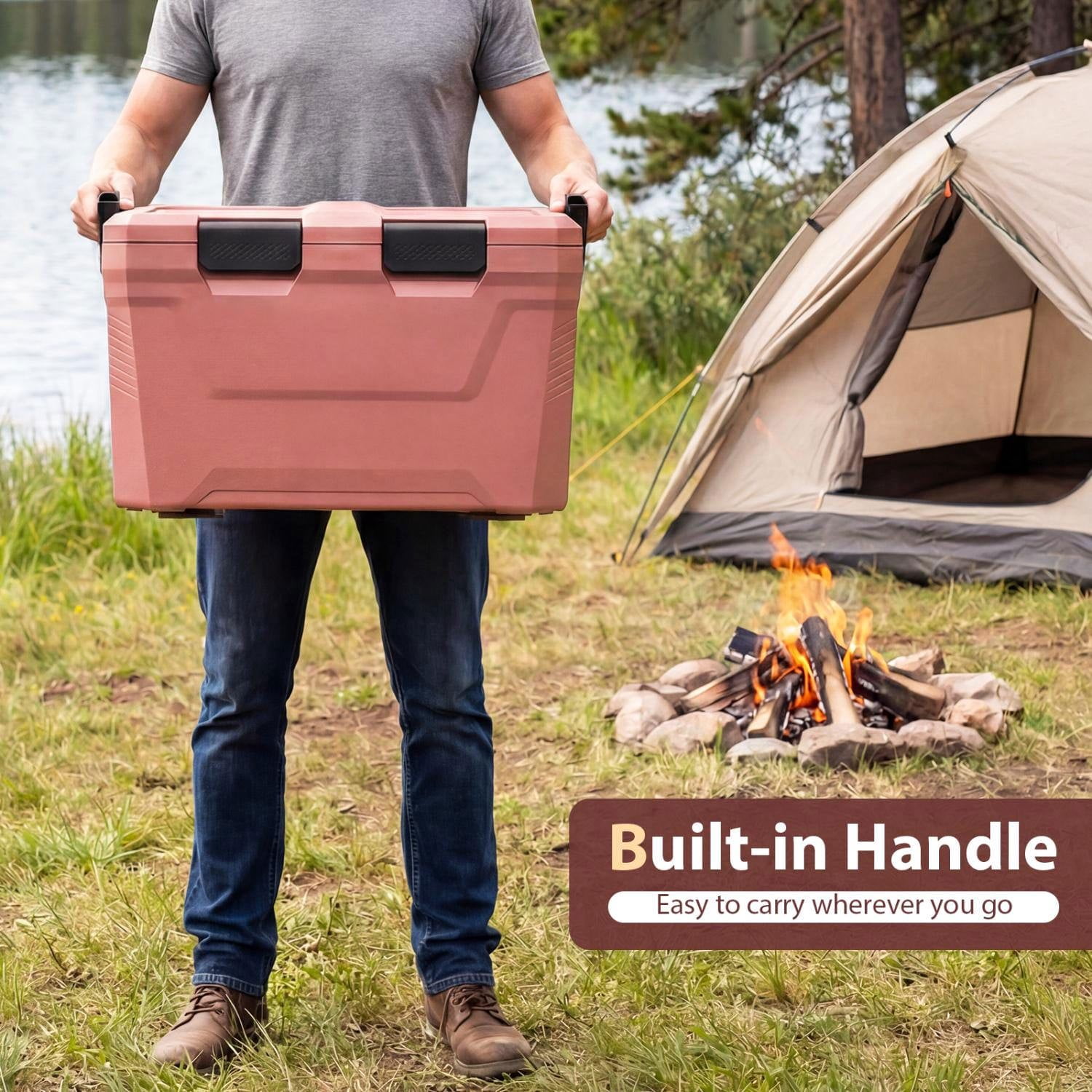 Resenkos Portable Insulated Hard Shell Ice Chest with Cup Holders Bottle Opener and Drain Plug, Waterproof Outdoor Cooler for Beach and Travel, Pink
