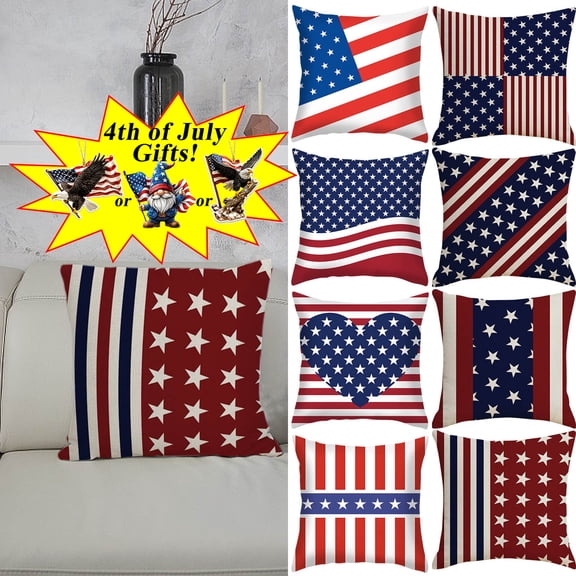 Boovnll 4th of July Pillow Covers 18x18 - Red White Blue Stars Stripe Flag Throw Pillow Covers, Linen Patriotic Pillow Covers for Memorial Day Home Sofa Couch Decor, 4th of July Decorations