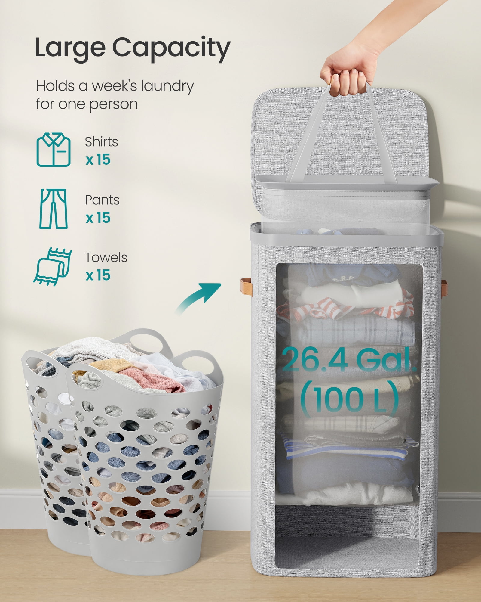 SONGMICS Laundry Basket, 26.4 Gal. Laundry Hamper, Easy Assembly, with Lid and Handles, Removable Liner, 16.5 x 12.6 x 29.5 Inches, Dove Gray