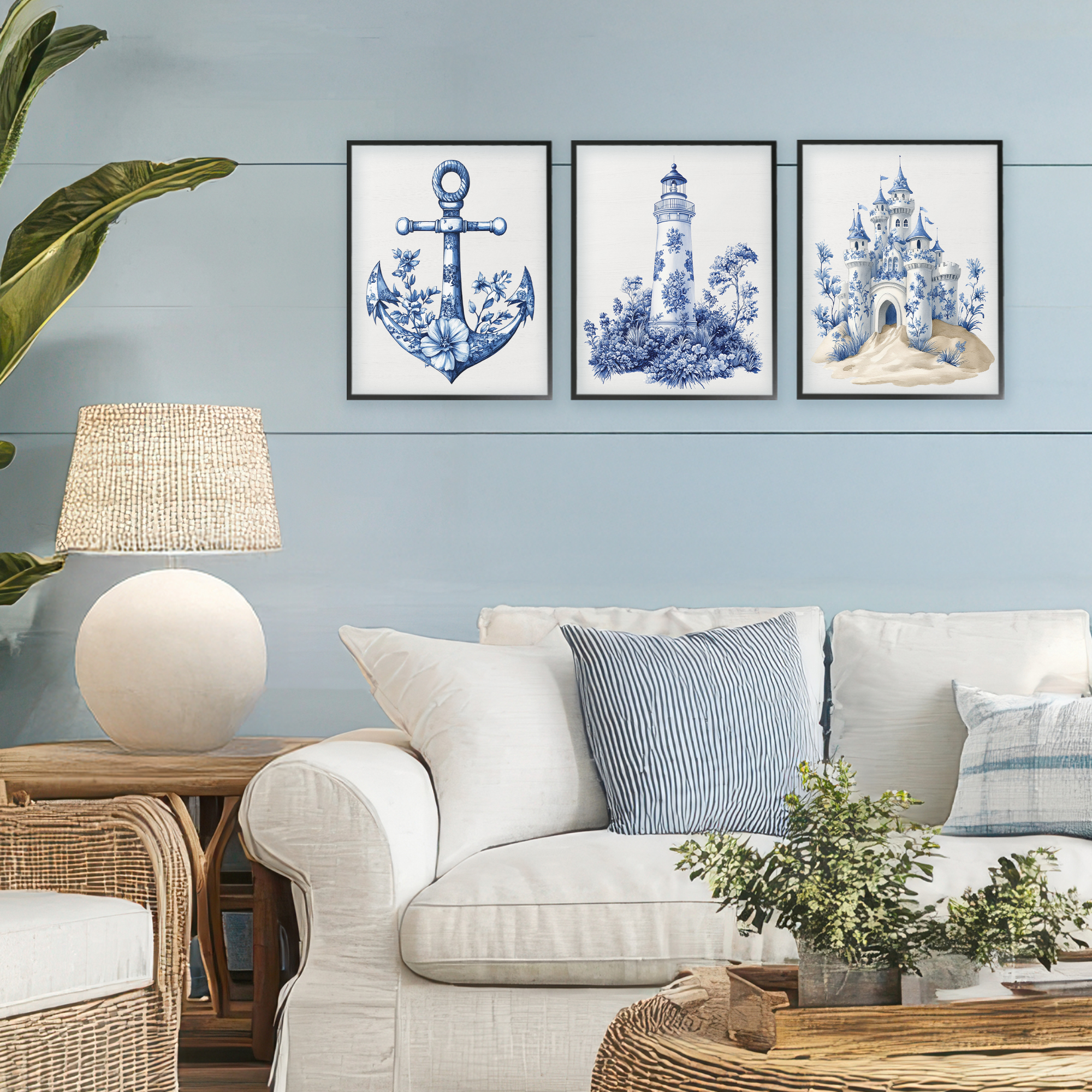 Ornate Nautical Toile Patterns 3 Piece Black Framed Giclee Art Set, design by Lettered and Lined