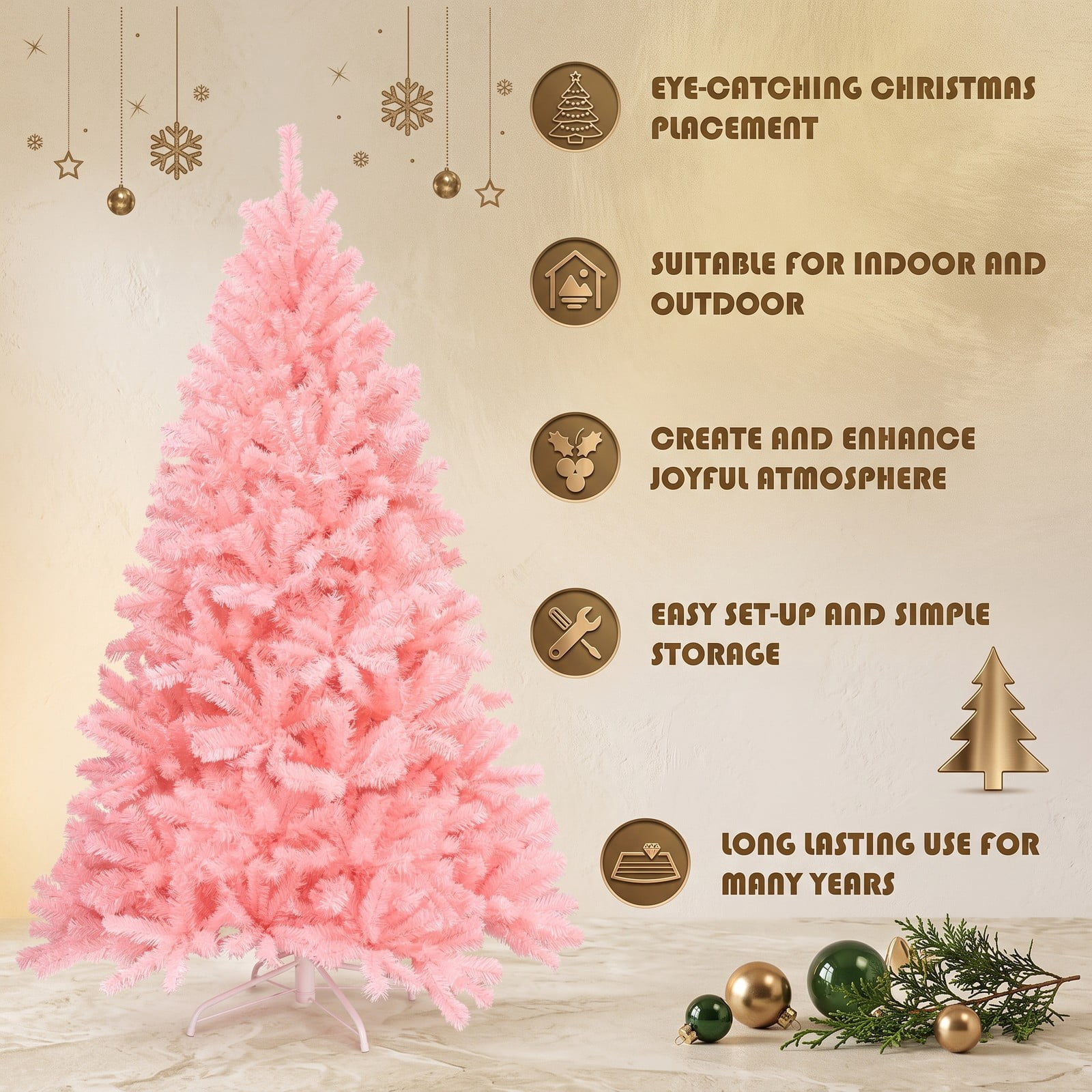 RUIE 6 FT Pink Artificial Christmas Tree, Hinged Full Spruce Xmas Tree with 1036 Tips and Foldable Metal Stand for Holiday Home Party Decoration, Cherry Blossom Pink