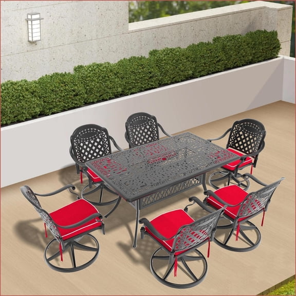 Traditional Patio Dining Set, 7-Piece All-Weather Aluminum with 6 Swivel Chairs & Rectangular Table | Black, Aluminum