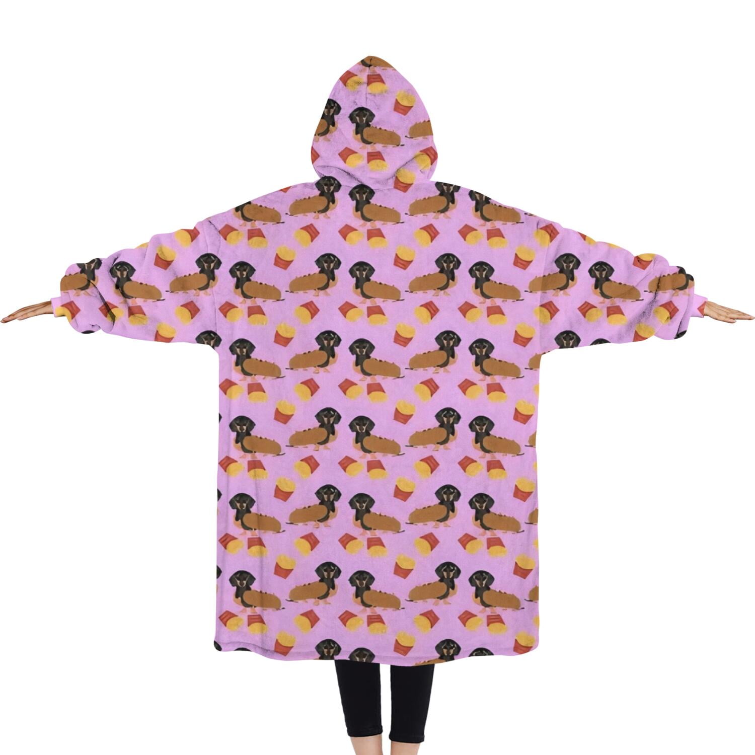 Oversized Wearable Blanket Hoodie,Pink Dachshund Chips Sherpa Blanket Hoodie with Super Pockets,Super Warm Fuzzy Pullover for Women & Men