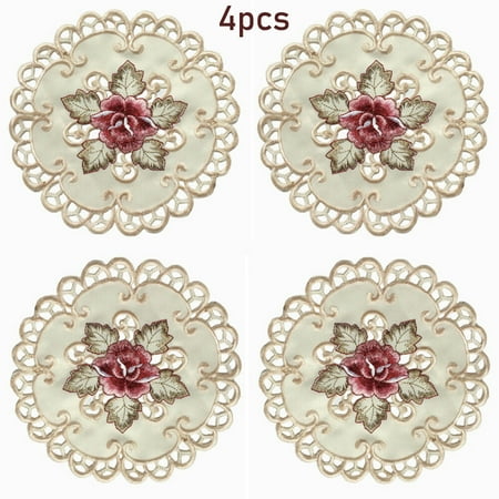

4Pcs Round Embroidered Flower Dining Table Placemat Home Party Wedding Cover