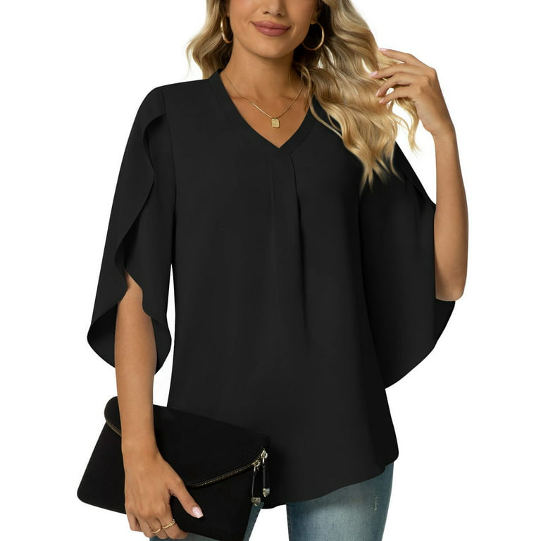 RQYYD Women's 2023 Summer Chiffon Blouse 3/4 Ruffle Split Sleeve V Neck  Pleated Tunic Tops Solid Floral Office Work Shirt for Leggings(Black,M)