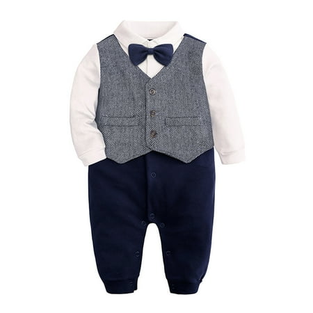 

QWERTYU Newborn Infant Baby Toddler Long Sleeve Bow Tie Romper for Girl Boy Clothes Gentleman Jumpsuit 0-24M Blue 3
