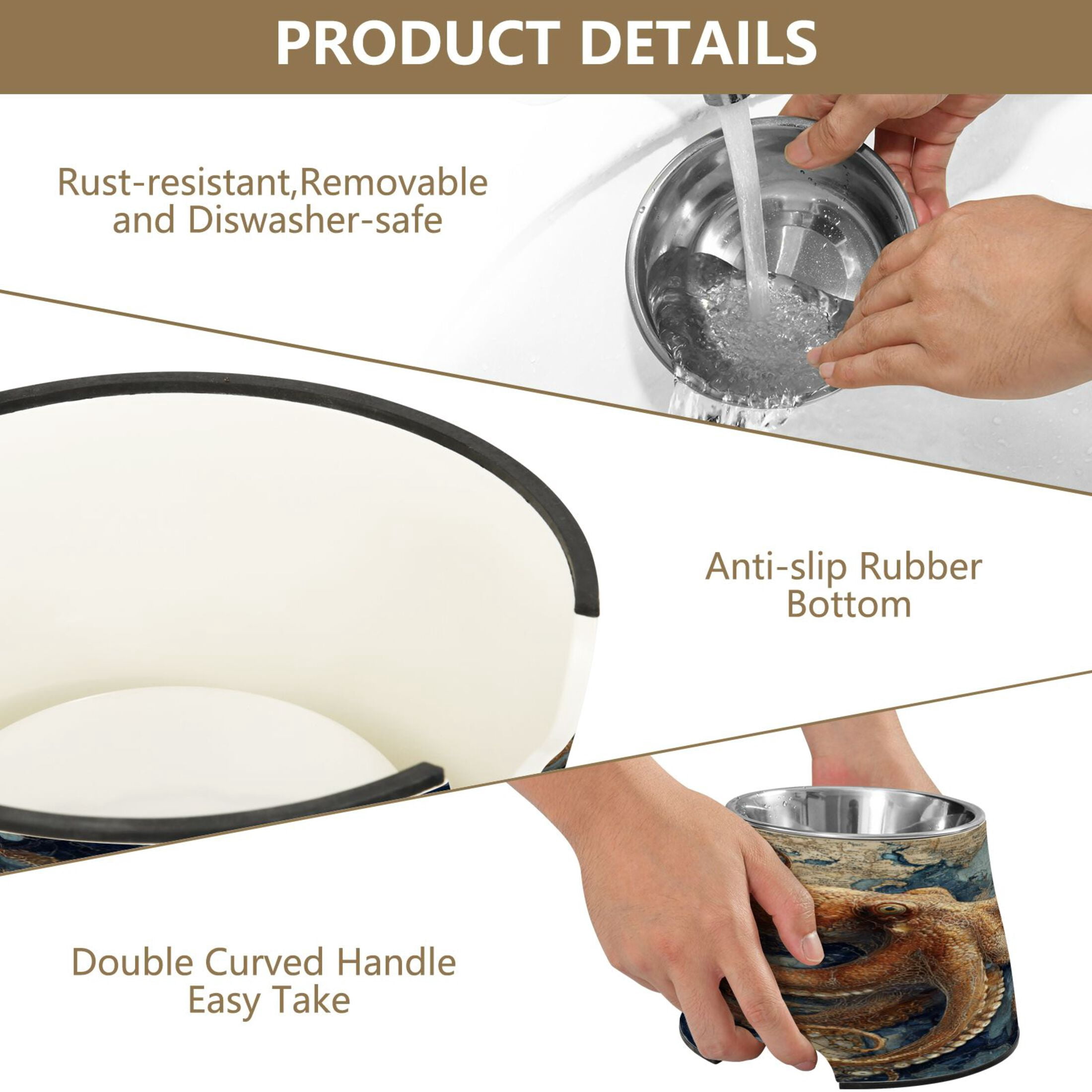 Raised Pet Bowl with Removable Stainless Steel Insert Anti-Slip No-Tip Dog Bowl for Small to Medium Pets Deep Sea Octopus