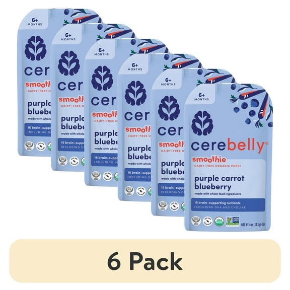 (6 pack) Cerebelly Organic Stage 2 Purple Carrot Blueberry Smoothie Baby Food, 4 oz Pouch