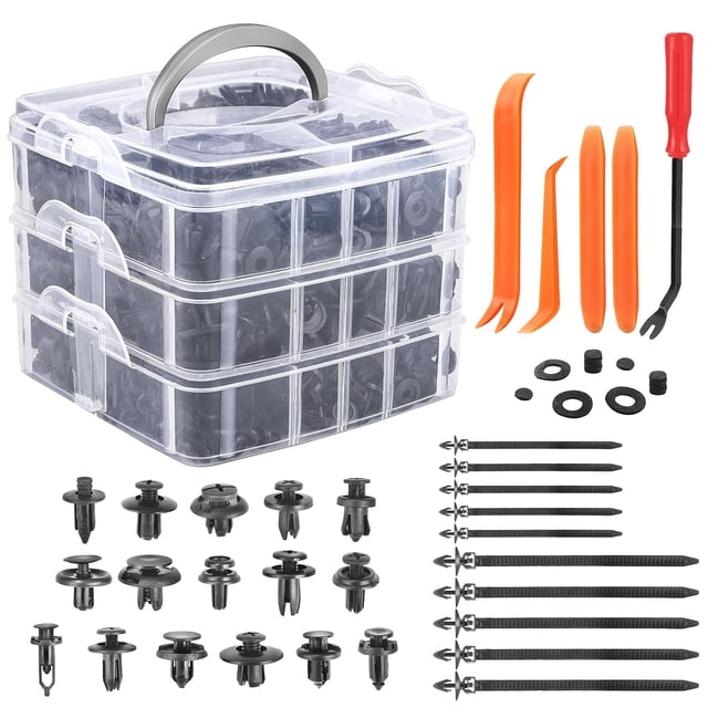 Car Retainer Clips & Fasteners Kit \u2013 16 Universal Sizes Nylon Bumper, Fender Rivets, Door Panel Clips, and Plastic Rivets with 10 Cable Ties and Removal Tool for Toyota, Ford (620pcs)