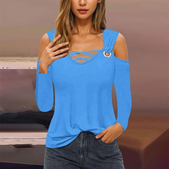 Blmnix Ladies Tops Blue Blouse Solid Cut Out V-Neck Long Sleeve Casual Tops