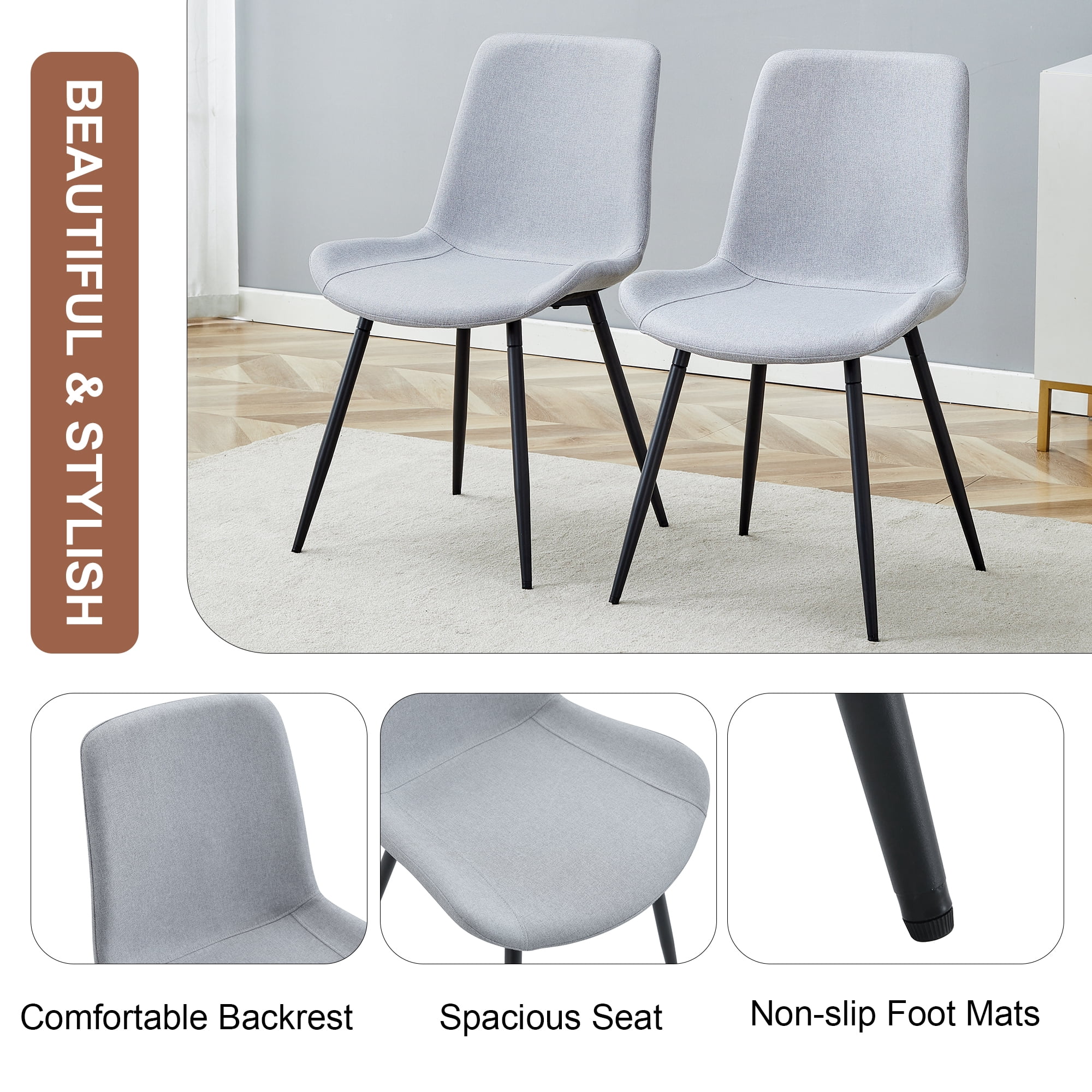 TesNus Light Grey Linen-Cotton Dining Chairs Set of 4, Upholstered Modern Seat with Black Metal Legs for Dining Room Kitchen