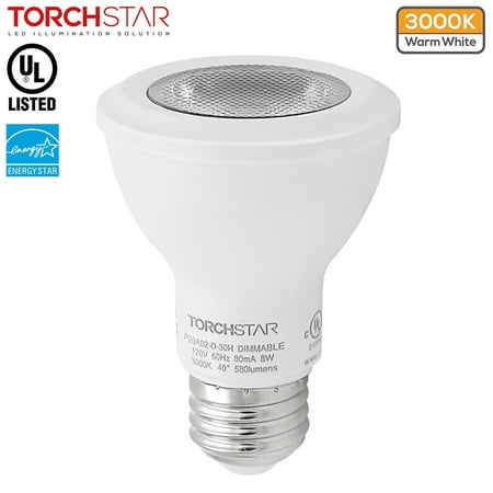 

TorchStar Dimmable PAR20 LED Light Bulbs for Recessed Landscape Accent Track General Lighting 8W(50W Equivalent) 3000K Warm White E26 Medium Screw Base UL & Energy Star Listed