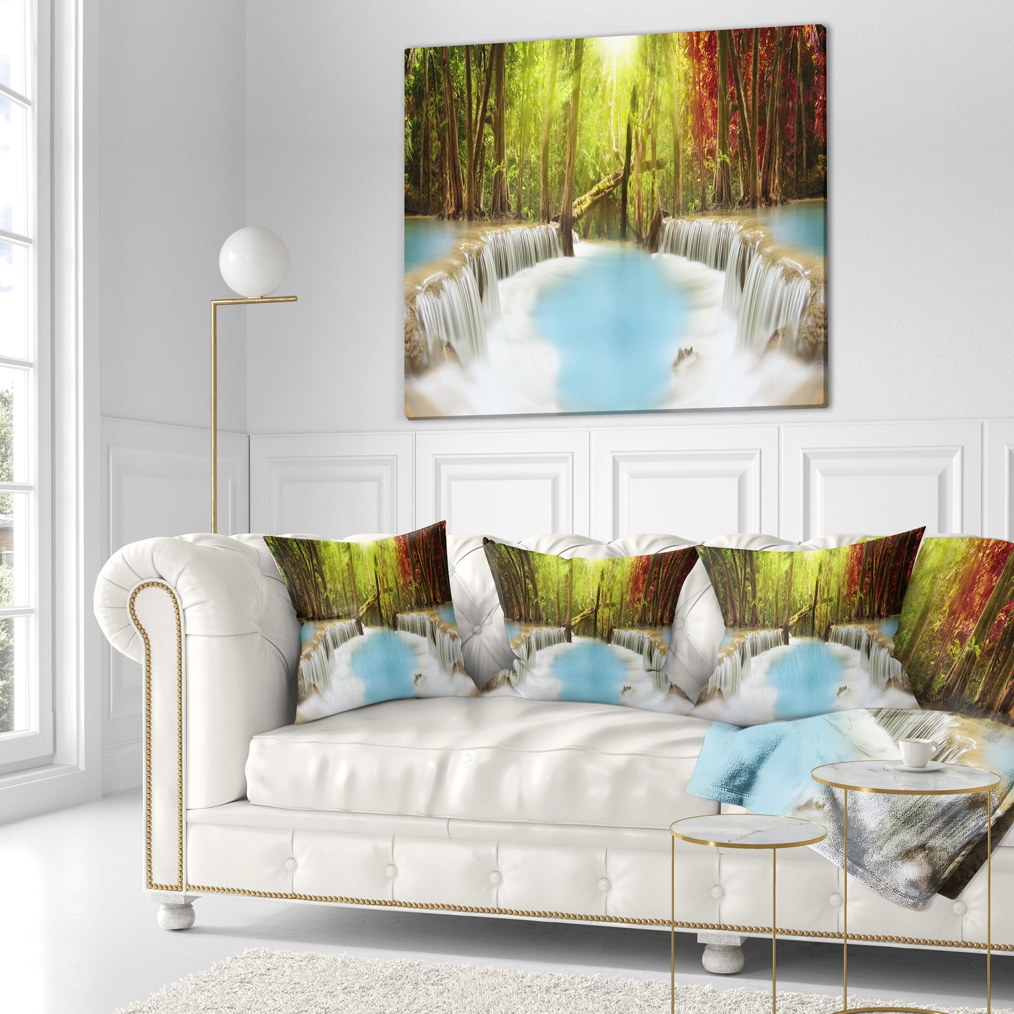 Designart Huai Mae Kamin Waterfall - Photography Throw Pillow - 18x18