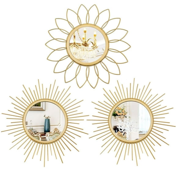 Metal Sunburst Wall Mirrors Decorative Hanging Wall Art Home Décor for Living Room Bedroom Entryway (Gold, Flower Sunburst)