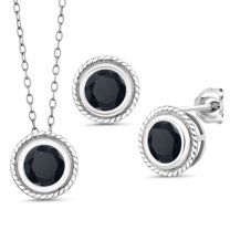 Gem Stone King 925 Sterling Silver Black Zirconia Pendant Earrings Set for Women (4.50 Cttw, Gemstone Birthstone, Round 6MM, With 18 inch Chain)