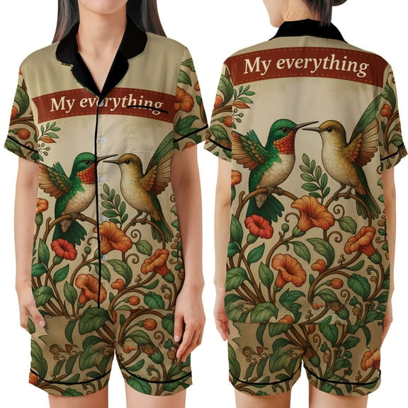 Hummingbird Couple "My Everything" Pajamas Set - Custom His & Her Names - Romantic Floral Design, Anniversary, Wedding, Couples Gift