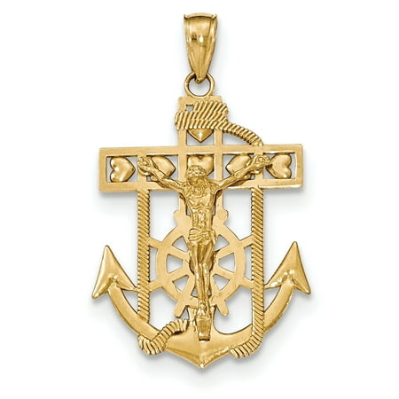 14k Gold Mariners Cross - 14k Yellow Gold Textured Nautical Anchor Ship Wheel Mariners Crucifix Cross Religious Pendant Charm Necklace Mariner Fine Jewelry For Women Gift Set