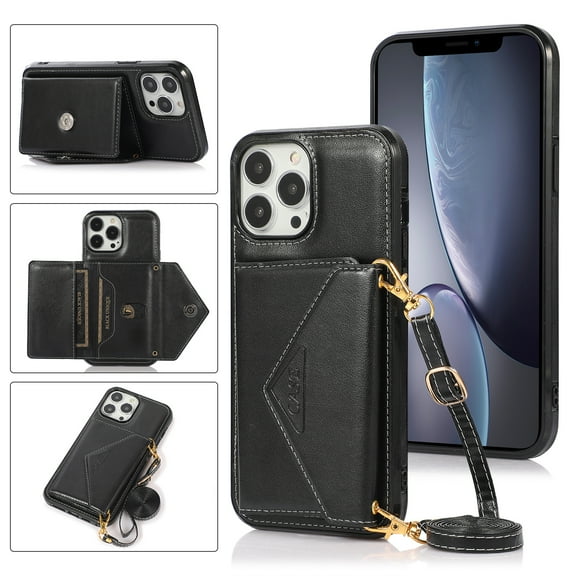 Nalacover Wallet Case for iPhone 14 Pro Max,Luxury PU Leather Soft TPU Magnetic Clasp Flip Credit Card Slots Kickstand Back Cover with Detachable Crossbody Lanyard Strap.For iPhone 14 Pro Max,Black