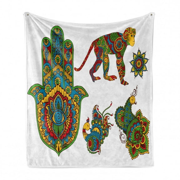 Hamsa Soft Flannel Fleece Throw Blanket, Hand Painted Oriental Style Monkey Moroccan Star Hamsa Hand and Peacock Birds, Cozy Plush for Indoor and Outdoor Use, 50" x 60", Multicolor, by Ambesonne