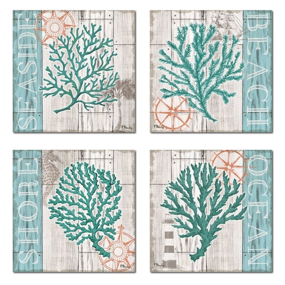 Contemporary Tan and Teal Nautical Coral Adult Decor; 4- 12" x 12" Unframed Prints