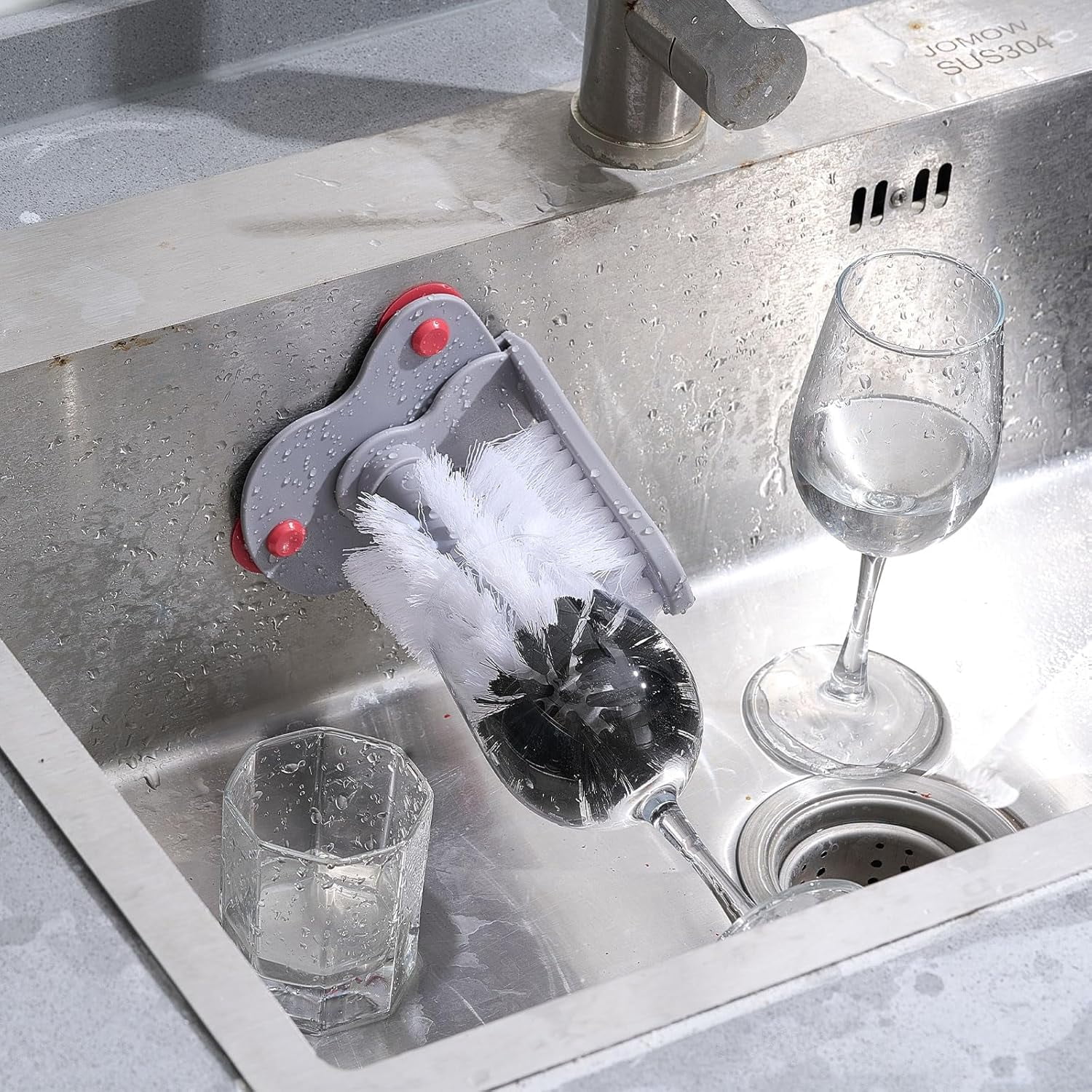 4 Pack Cup Washer Double Bristle Brush with Suction Base Glass Cleaner for Kitchen Bar Sink Wine Glass, Beer Mug (7.48'')