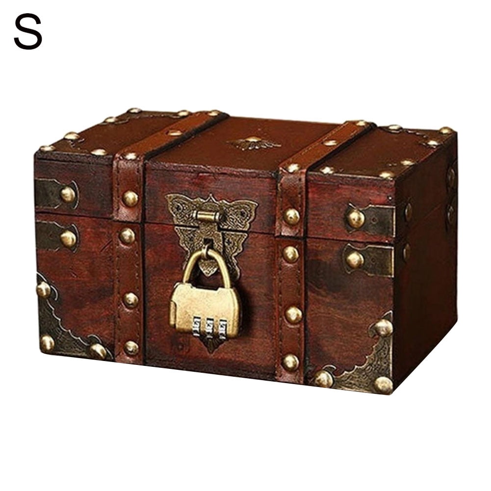 Wooden Carved Vintage Lock Treasure Chest Jewelry Storage Box Case Organizer New 