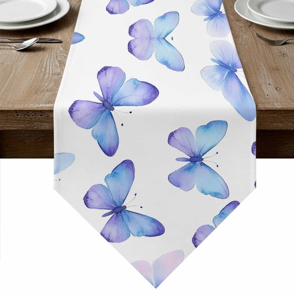 Blue Purple Butterfly Table Runner Linen Burlap Table Runner 72 Inches Long Watercolor Elegance Butterflies Dresser Scarves for Kitchen Island Coffee Dining Party Wedding Holiday Decor 18"x72"