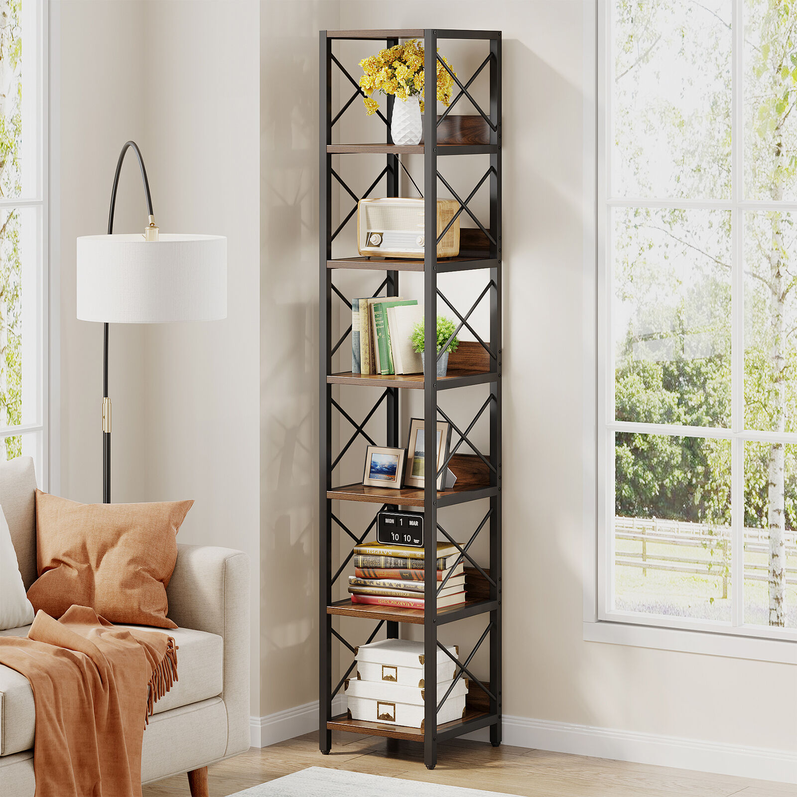 Tribesigns 75" Tall Corner Shelf, 6 Tier Narrow Bookshelf Storage Rack
