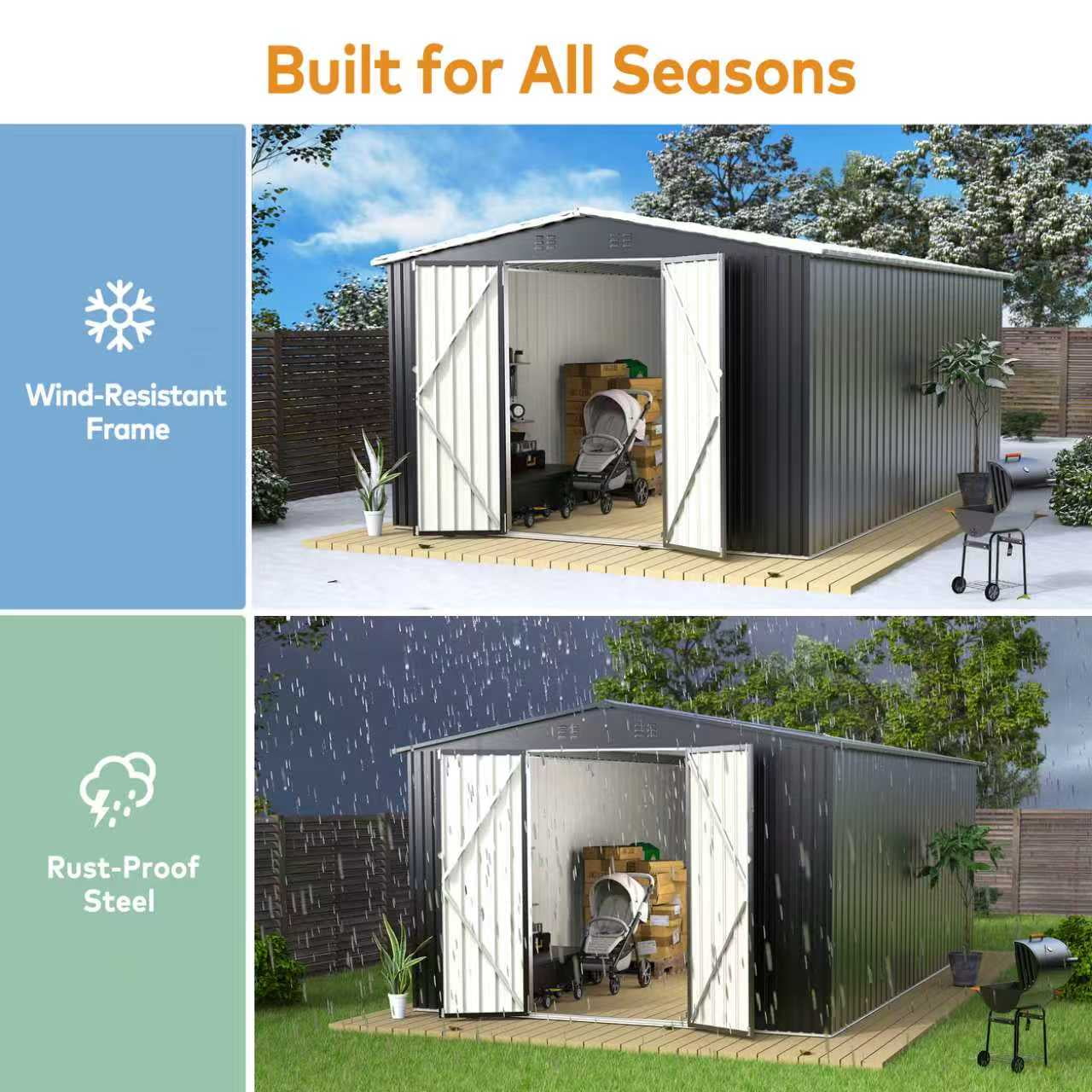 EasyHawk 10 ft x 14 ft Heavy-Duty Steel Outdoor Storage Shed with Lockable Doors for Backyard Use