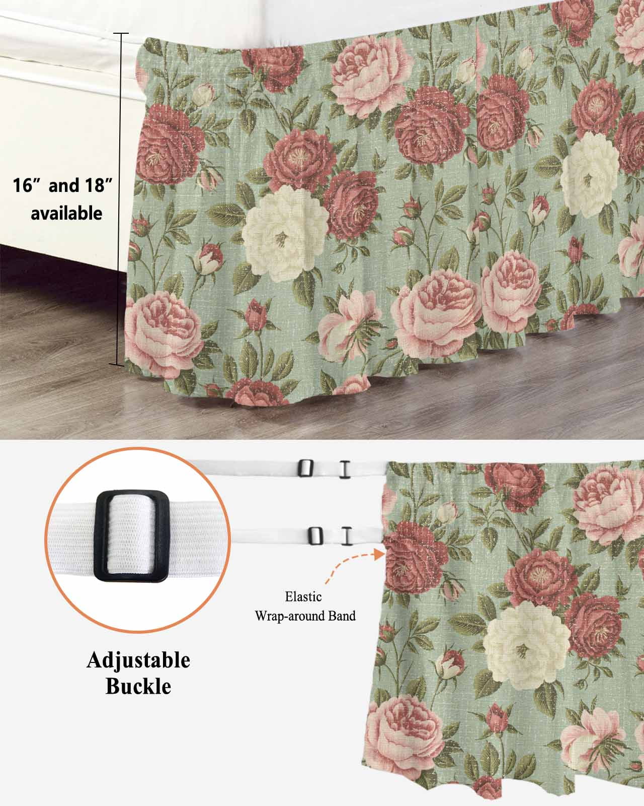 Spring Pink Roses Bed Skirt King Size 16 Inch Drop, Flowers Retro Countryside Adjustable Elastic Dust Ruffles Bedskirt for King Bed Wrap Around Pleated Mattress Frame Cover