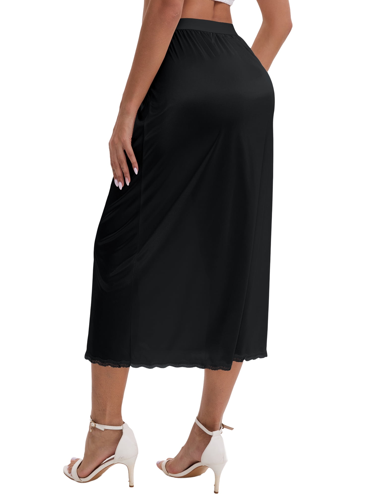 DARING DIVA Women's Satin Lace Trim Flared Hem Lightweight Maxi Half Slip M Black