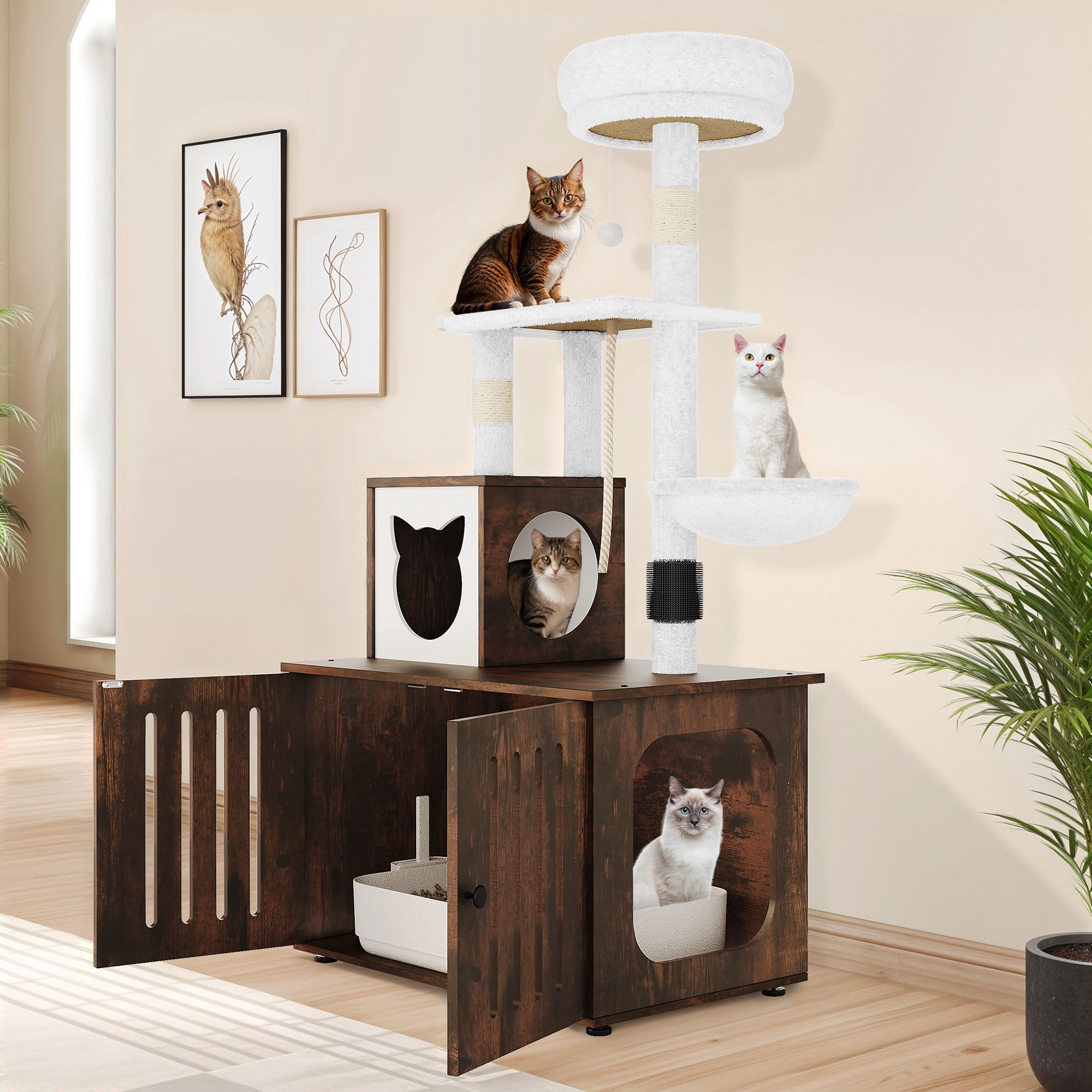 Uforic Cat Tree with Litter Box Enclosure, 2-in-1 Modern Cat Tower Combo, 53.5" Hidden Litter Box Furniture, Rustic Brown