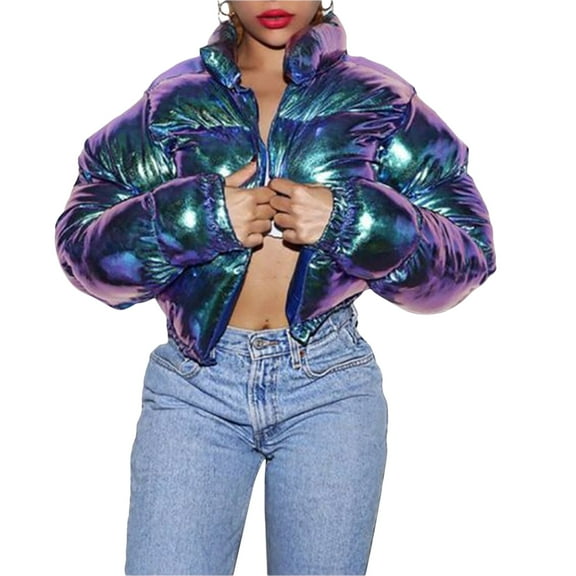 Blotona Women Shiny Short Puffer Jackets Bandana Cropped Long Sleeve Zip Up Puffer Cropped Down Jackets Fashion Bubble Quilted Lightweight Coats