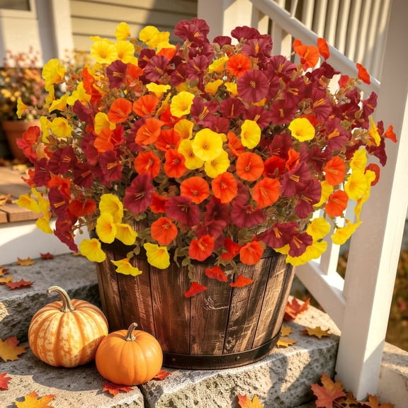 Scidweet Fake Fall Flowers Outdoors, 24 Bundles Autumn Artificial Morning Glory Flowers Faux Plants UV Resistant for Home Outside Garden Balcony Yard Front Porch Indoor Fall Decor, Multicolor