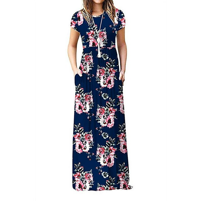 Robe Longue Maxi Décontractée à Fleurs pour Femmes, Manches Courtes, Coupe Ample, Unie, avec Poches