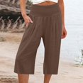 thumbnail image 2 of Wyobmus Capri Pants for Women High Waisted Wide Leg Linen Trousers 3/4 Elastic Waist Loose Straight Fit Lounge Pants C-Coffee, 2 of 5