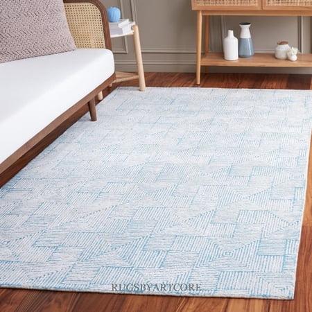 Artcore SA3 Handmade White & Sky Blue Geometric Wool Area Rug, Modern Indoor Floor Rug for Living Room & Bedroom, 5x8 ft