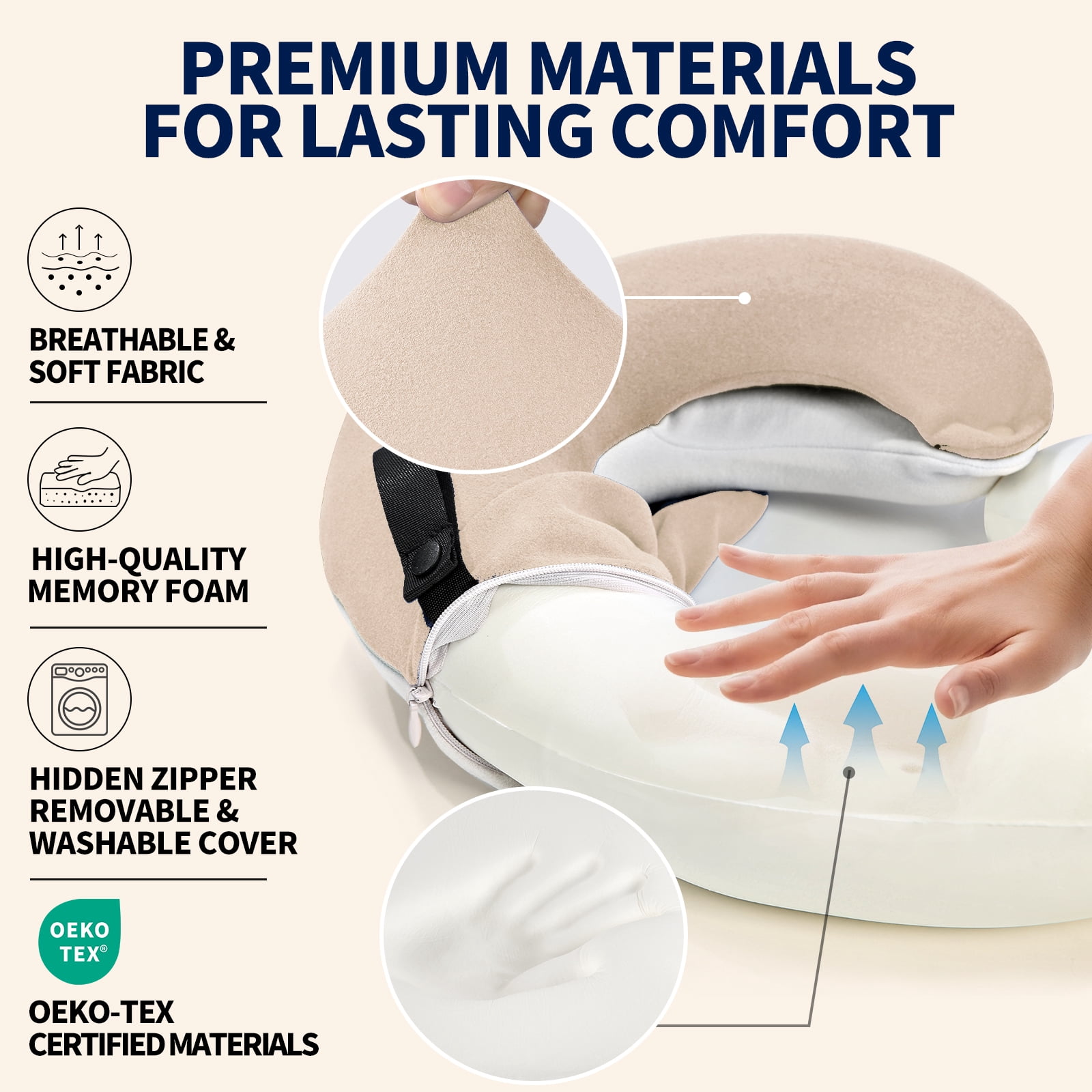 BUYUE Travel Neck Pillows for Airplanes, 360° Head Support Sleep for Long Flight, Skin-Friendly & Breathable, Kit with 3D Contoured Eye Mask, Earplugs and Storage Bag (Adult, Beige, 90+ lbs)