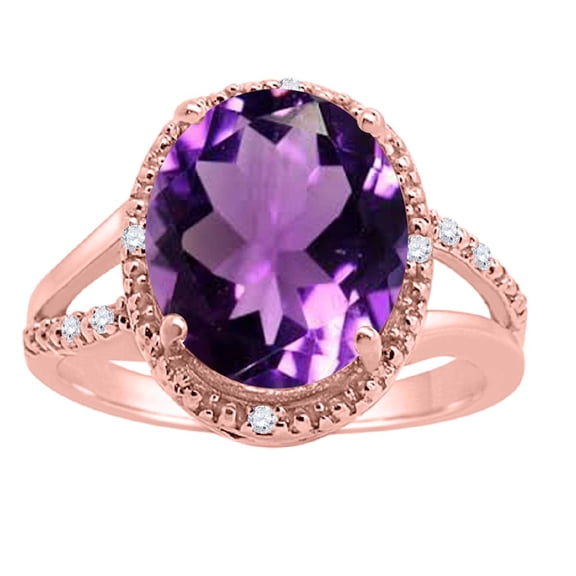 Mauli Jewels Rings for Women 4.53 Carat Oval Shaped Amethyst and Diamond Ring 4-Prong 10K Rose Gold