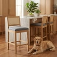 thumbnail image 6 of French Country Bar Stools Set of 2, Grey Rattan Counter Height Stools, Linen Upholstered, Farmhouse Wooden Barstools with Cane Back, Kitchen Island Chairs, Sillas para Barra de Cocina (Gray, 2 Pcs), 6 of 7