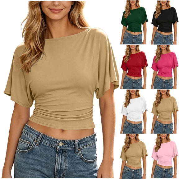 ClodeEU Women's Batwing Sleeve Crop Top, Ruched Waist Short Sleeve T-Shirt, Casual Summer Tee Army Green,Women's Plus L