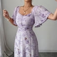 thumbnail image 4 of Womens Summer Dresses, Floral Chiffon Long Maxi Dress, Square Neck Puff Sleeve Ruched Waist Flowy Dress Purple XL, 4 of 6