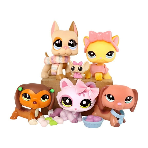 5PCS Mini Pet Animal Figurines Set,Great Dane Shorthair Cat Dachshund Crouching Cat with Necklace Bowknot Jacket Scarf Bone Miniature Decor Accessories