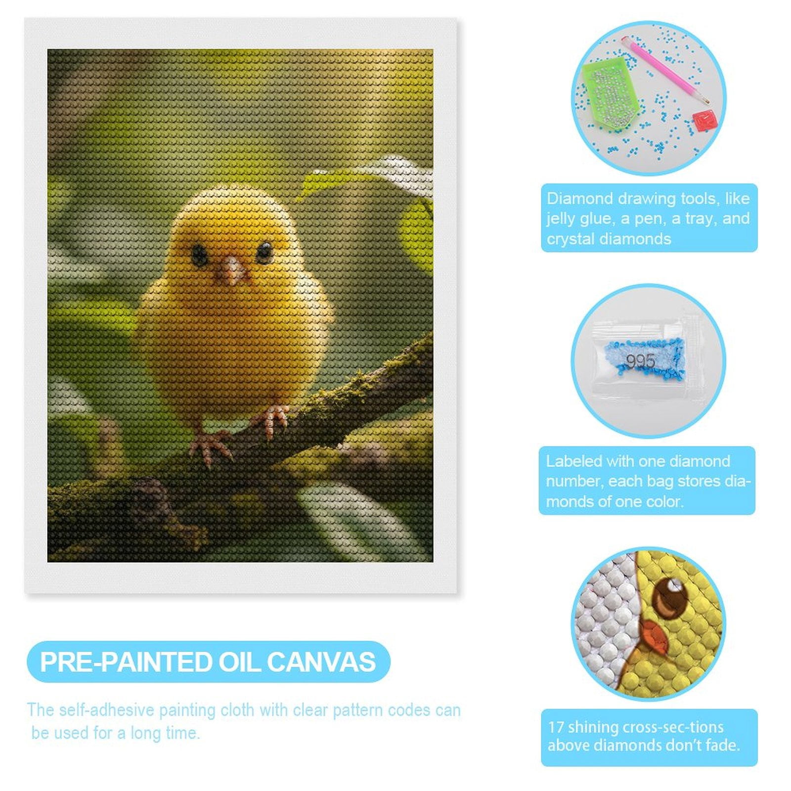 Diamond Art Kits for Adults, Small Yellow Bird Perched On Branch 5D Diamond Painting Kits for Adults Beginners, DIY Full Drill Diamond Painting, Gem Art and Crafts 12x16