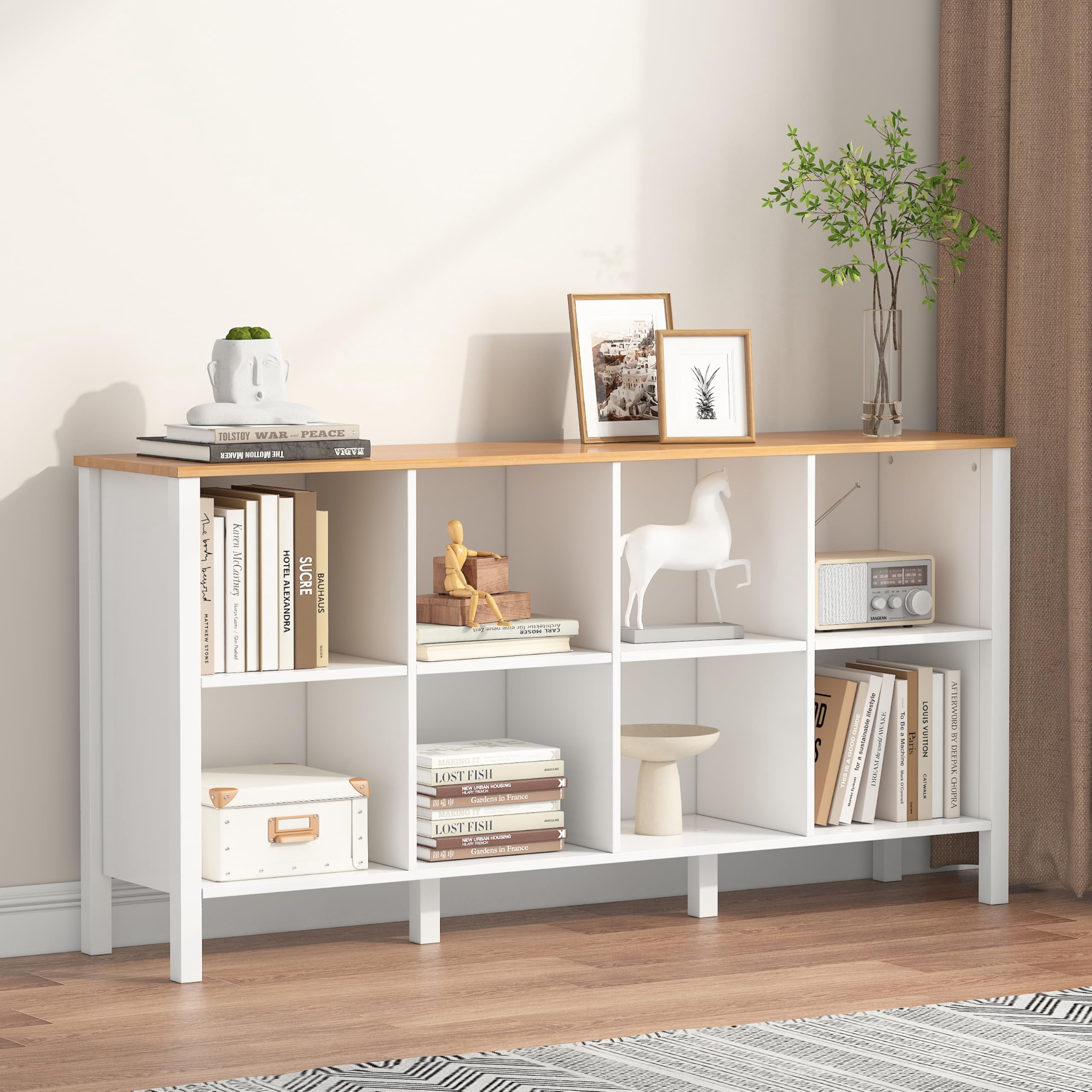 NEWADARA 8-Cube Bookcase, Farmhouse Wooden Bookshelf Low Storage Organizer, 59" Horizontal White Console with Legs, Hallway Book Case for Entryway, Display Cabinet for Living Room (White, 8-Cube)