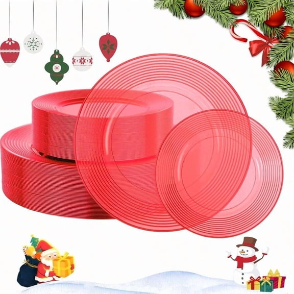 100PCS Clear Red Plastic Plates Disposable Plates for Party - Heavy Duty Plastic Plates - 10 7 Plate for 50 Guests New Year Parties and Christmas Events